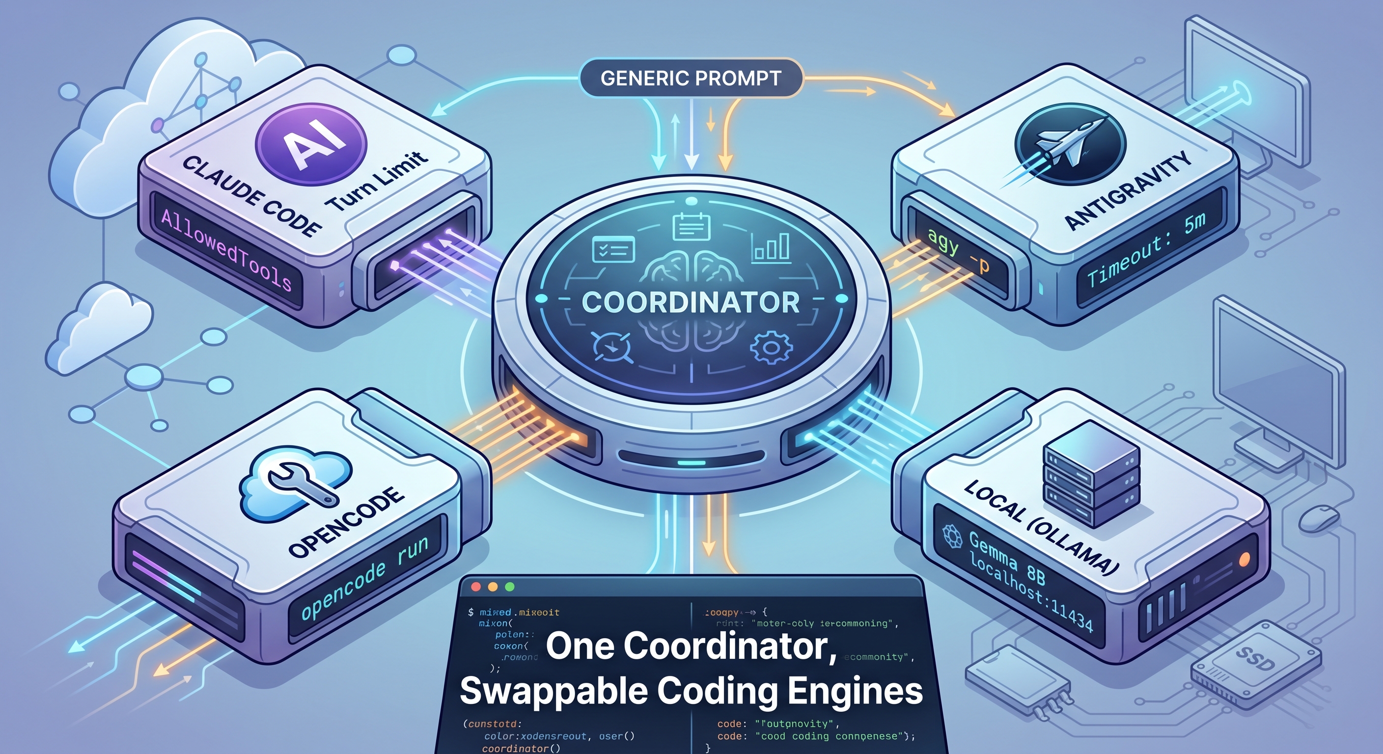 One Coordinator, Swappable Coding Engines